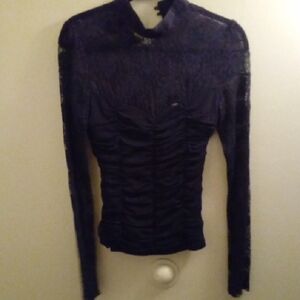 Womans S Forever 21 Black Ruched Mandarin Collar Blouse Laced Sleeves Dark Goth